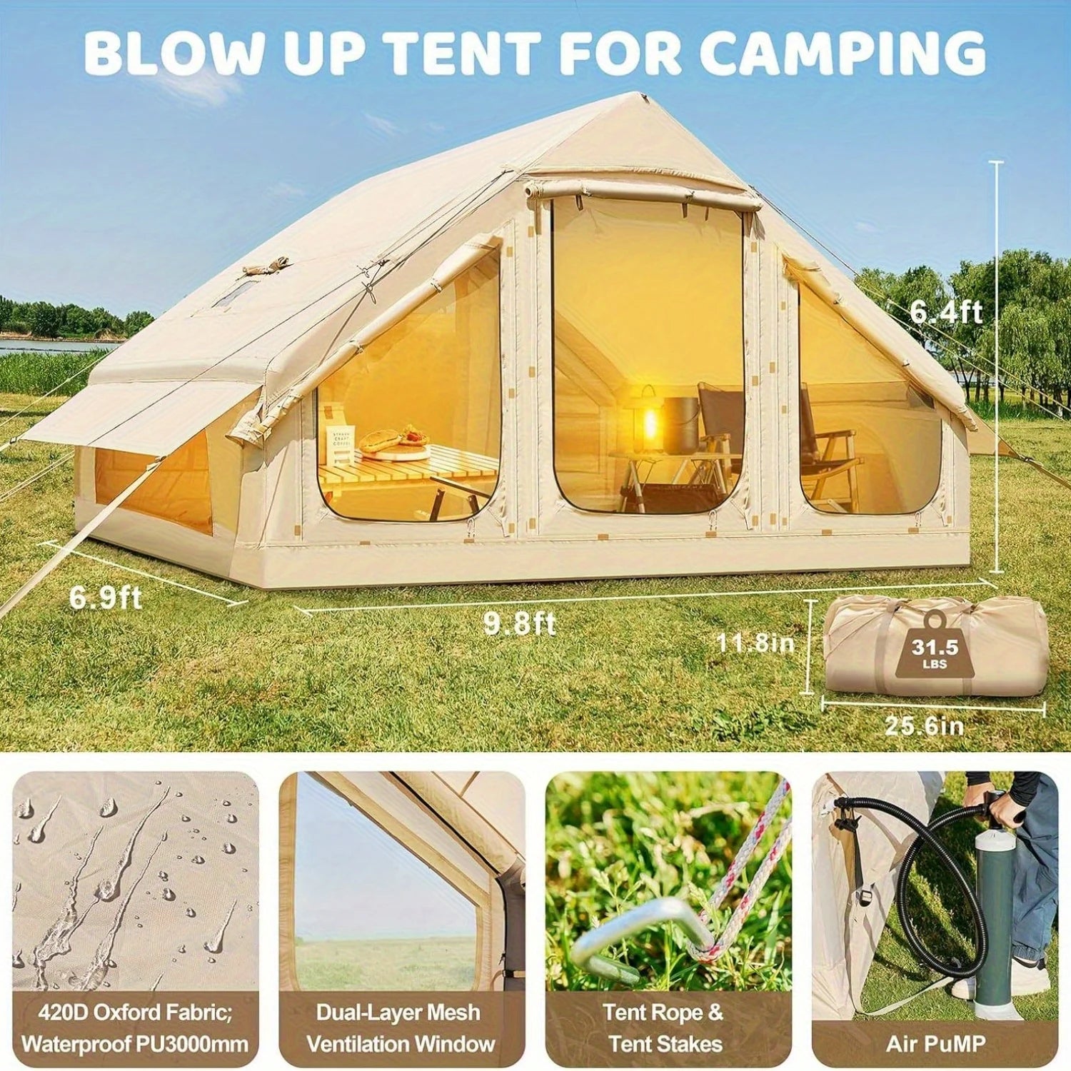 Large Oxford Cloth Inflatable Tent With Chimney And Skylight