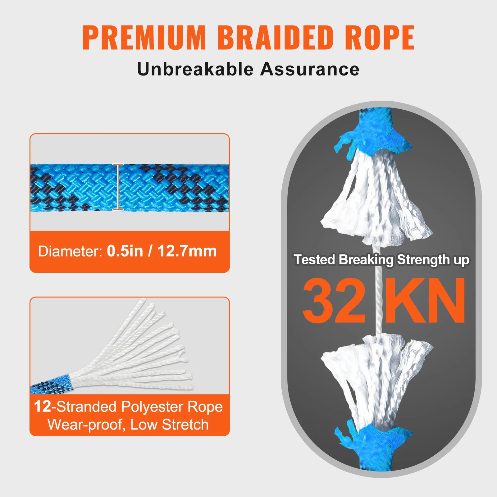 VEVOR 12.7mm Static Climbing Rope  w/ Steel Snap Hooks