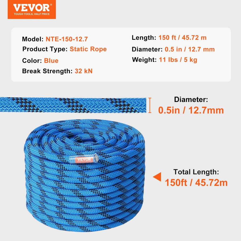 VEVOR 12.7mm Static Climbing Rope  w/ Steel Snap Hooks