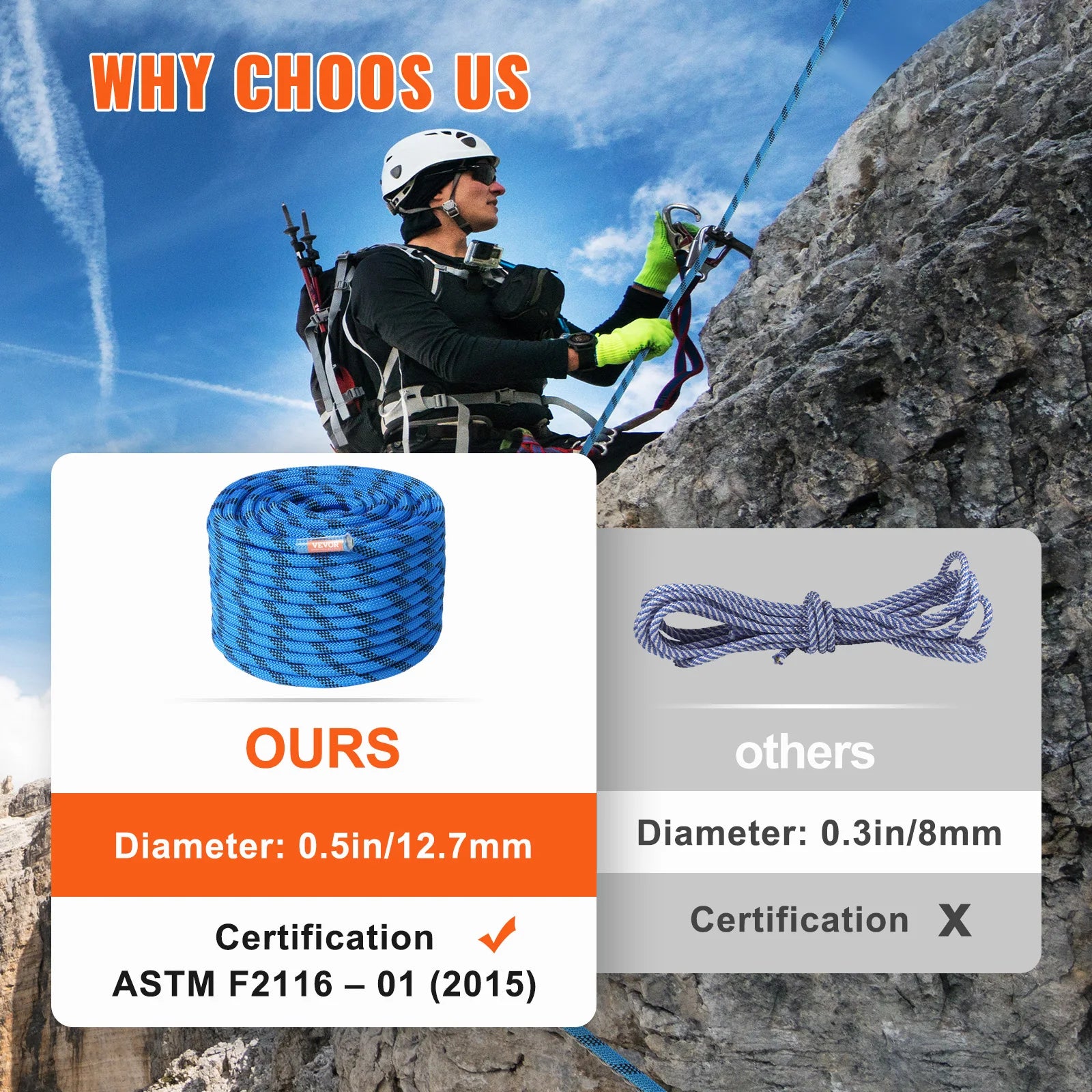 VEVOR 12.7mm Static Climbing Rope  w/ Steel Snap Hooks