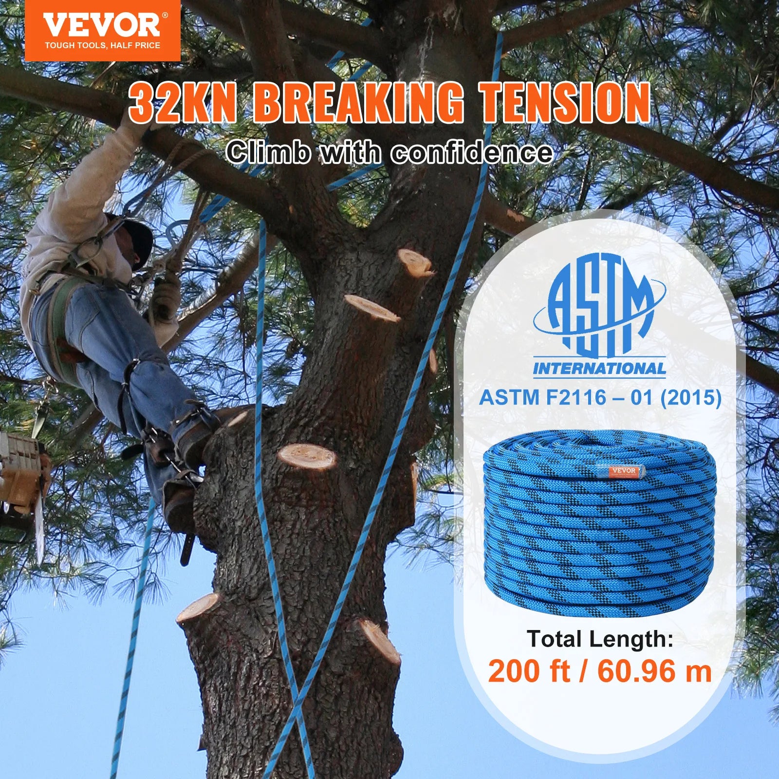 VEVOR 12.7mm Static Climbing Rope  w/ Steel Snap Hooks