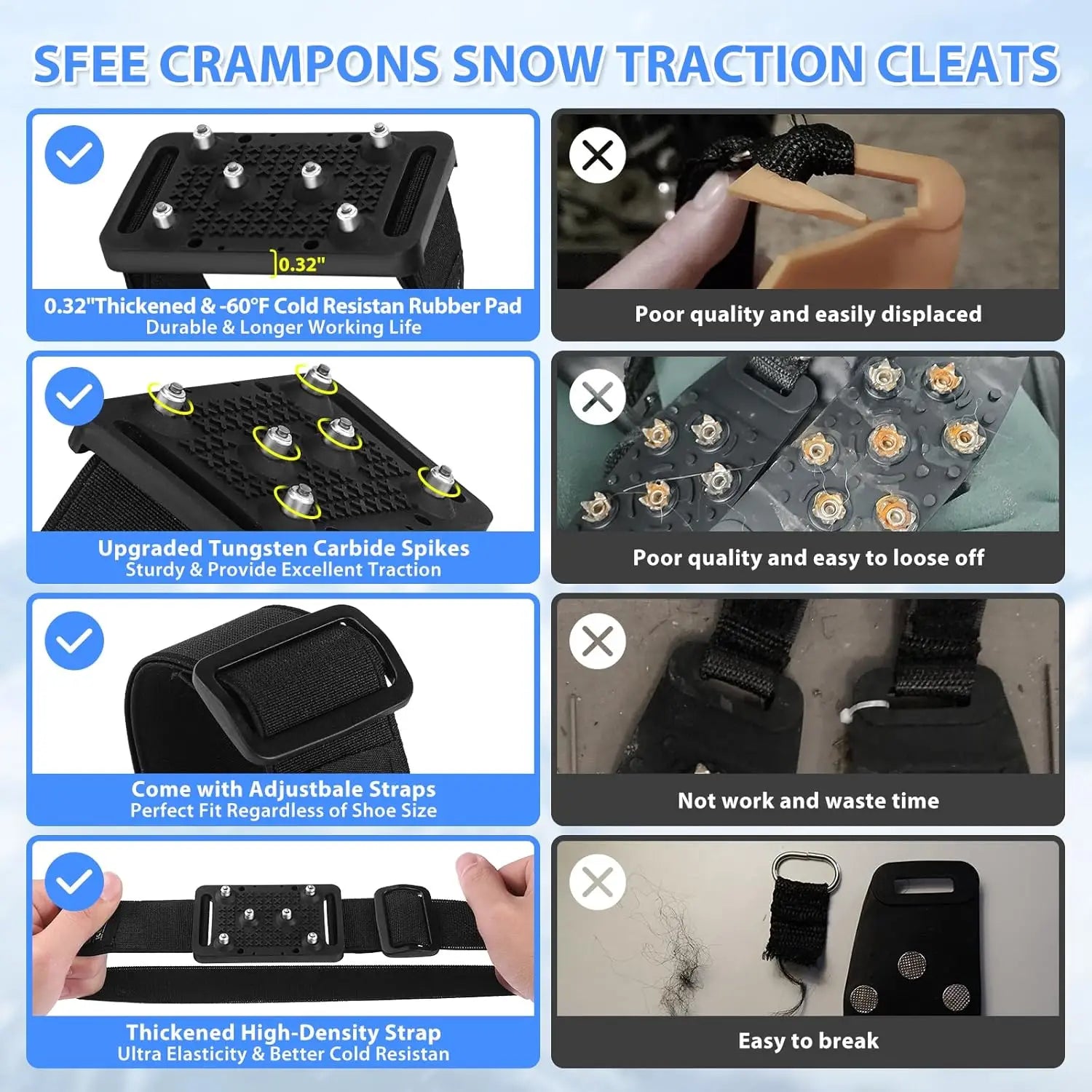 Ice Cleats Crampons with Tungsten Studs for Shoes and Boots, Easy Rotate Grippers
