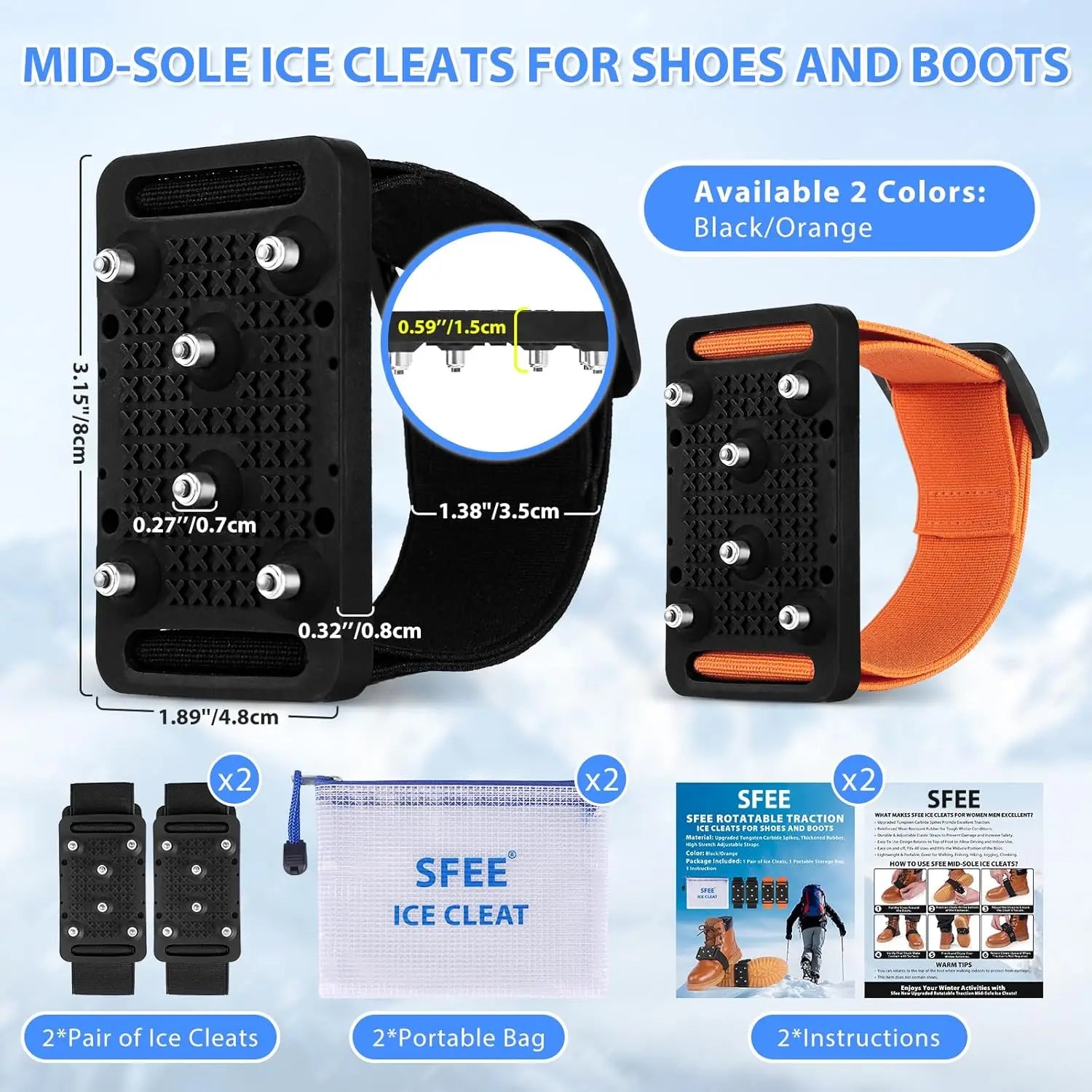 Ice Cleats Crampons with Tungsten Studs for Shoes and Boots, Easy Rotate Grippers